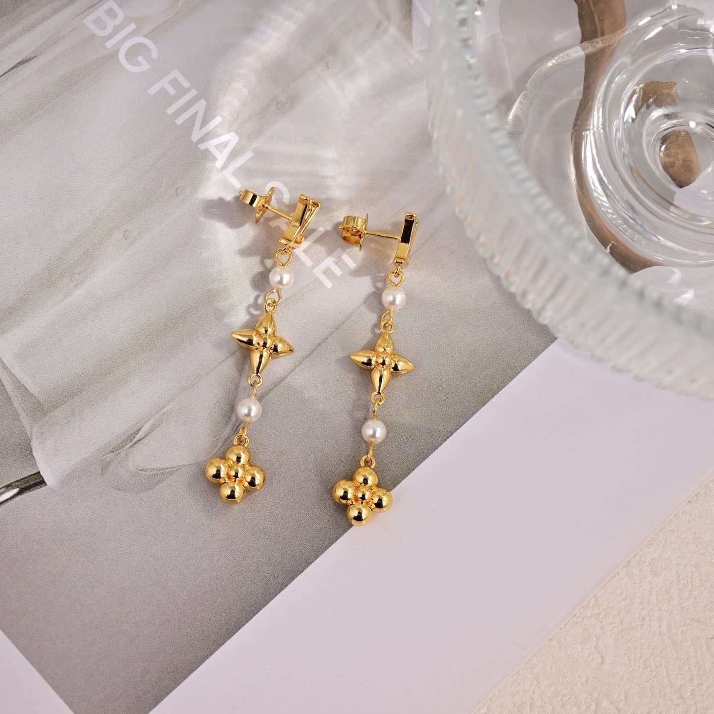Louis Vuitton Gold Letter and Flower Tree Pearl Earrings